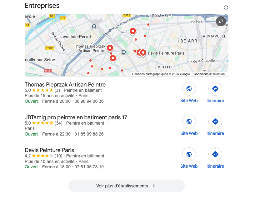 Résultats du pack local Google pour un peintre