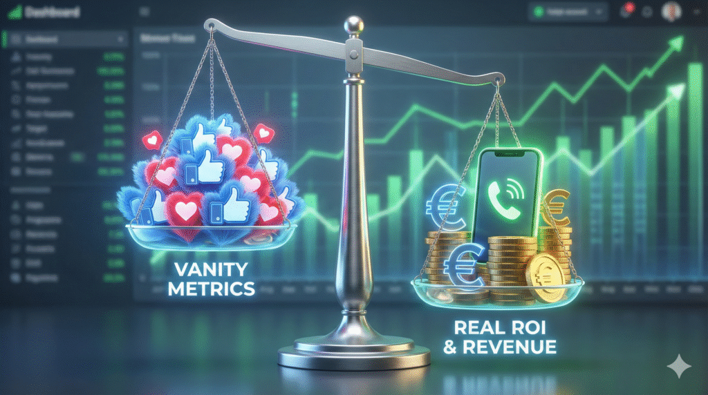 Balance pesant les 'J'aime' des réseaux sociaux contre des pièces de monnaie et des appels téléphoniques, illustrant la rentabilité réelle du marketing local.