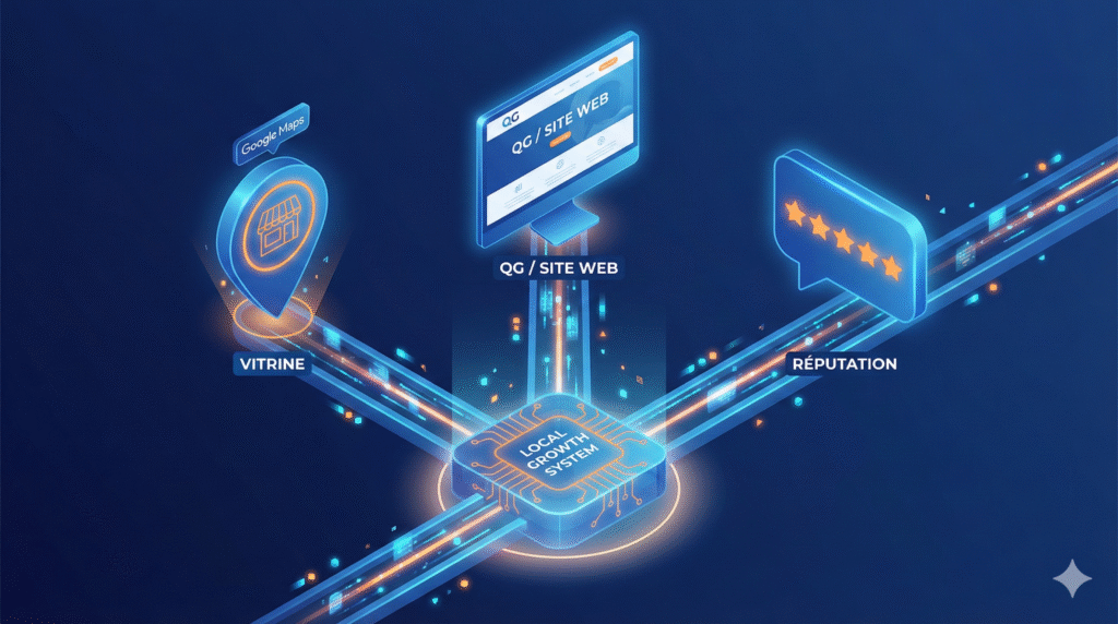 Schéma de l'écosystème digital local connectant trois piliers : la fiche Google Business Profile, le site web professionnel et les avis clients.