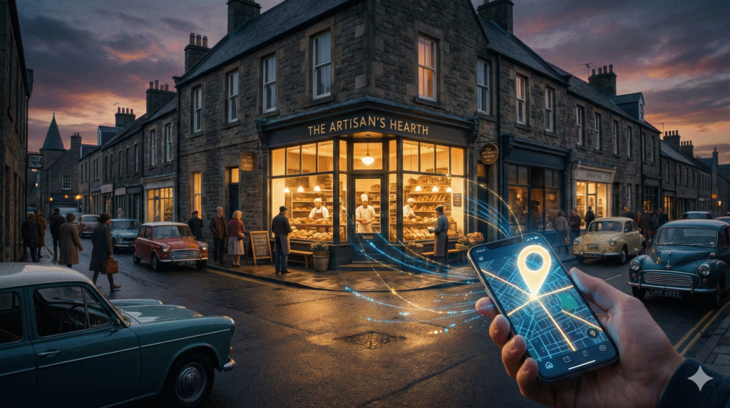 Smartphone affichant la localisation d'un commerce sur une carte numérique devant une boutique réelle éclairée, illustrant la visibilité locale.