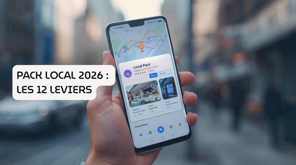 Interface smartphone montrant une fiche Google Business Profile optimisée dans le pack local en 2026