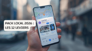 Interface smartphone montrant une fiche Google Business Profile optimisée dans le pack local en 2026