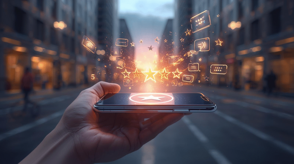 Smartphone affichant 5 étoiles Google Business Profile illustrant une excellente e-réputation en 2026