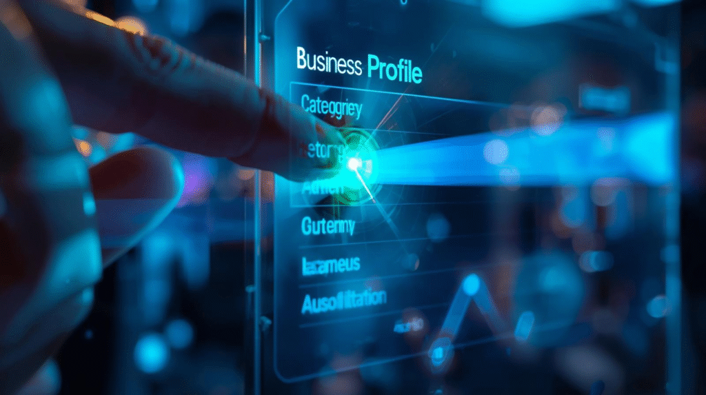 Interface de sélection de catégorie Google Business Profile optimisée pour le SEO local en 2026