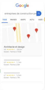 carte Google Maps sur smartphone avec 3 résultats
