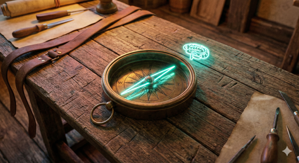 Une vieille boussole en laiton posée sur une table en bois brut (évoquant l'artisanat, le restaurant, le concret). Mais au lieu d'indiquer le Nord, l'aiguille est lumineuse, couleur "néon/cyber", et pointe vers un logo ou une forme évoquant une IA (un petit cerveau numérique ou une étincelle).