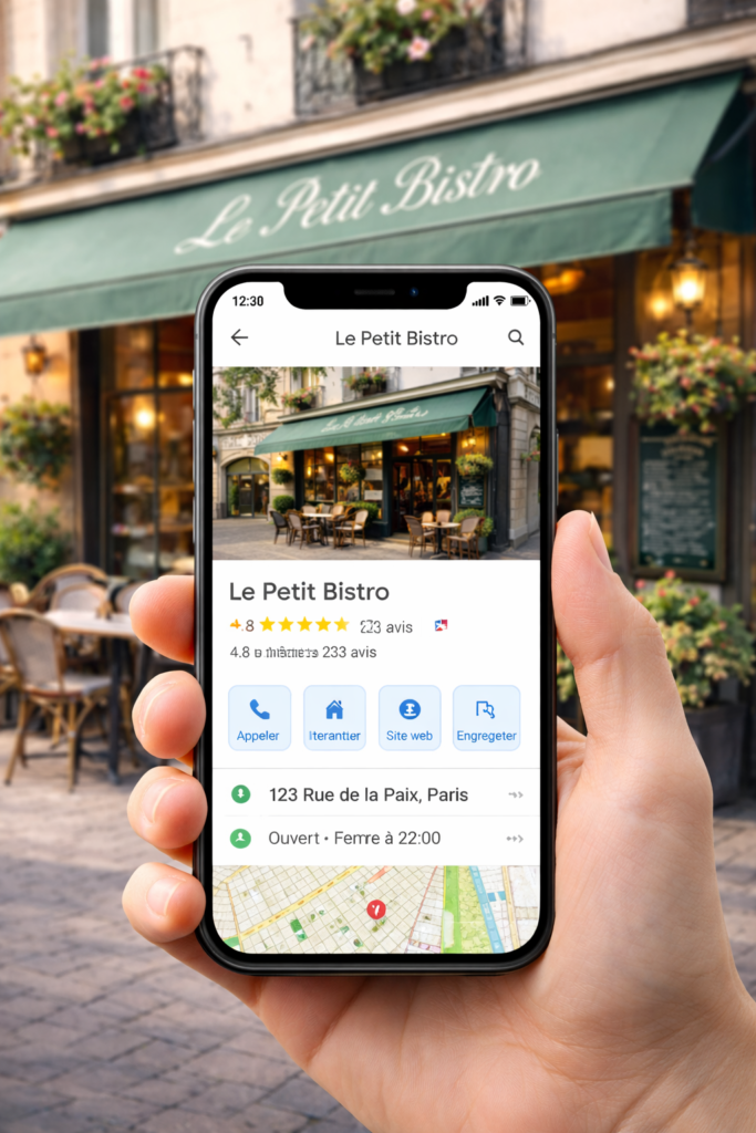 smartphone avec fiche google business / façade commerce