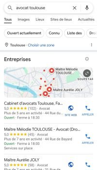 résultats recherche avocat toulouse et apparition des fiches google business profile