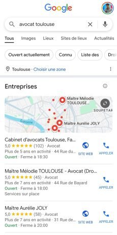résultats recherche avocat toulouse et apparition des fiches google business profile
